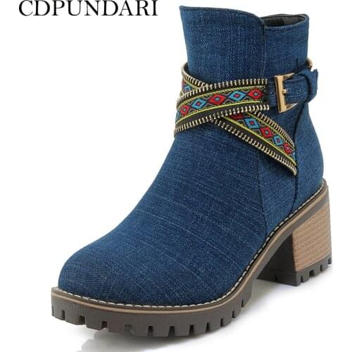CDPUNDARI Denim High Heels Ankle Boots For Women Platform Boots Woman Ladies Autumn Winter Short boots Shoes