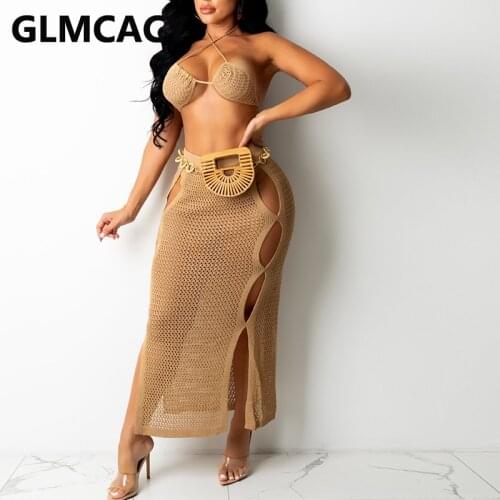 Women Knit Backless Top Bra & Hollow Out Maxi Skirts