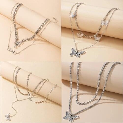 HuangTang Bohemian Butterfly Pendant Necklace for Women Silver Color Alloy Metal Multilayer Chain Choker Trendy Jewelry Gift