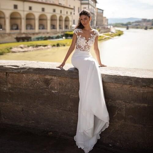 Wedding Dress Cap Sleeve Elegant Vestido De Noiva Illusion Back Simple Hochzeitskleid O-Neck Sexy Robe Mariage Bridal Gowns