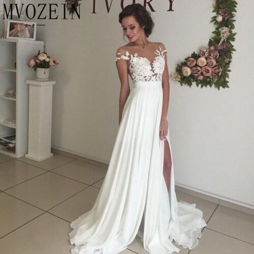 Boho White Wedding Dresses Chiffon A-Line Cap Sleeves Lace Bridal Gowns High Split Wedding Dress vestido de noiva