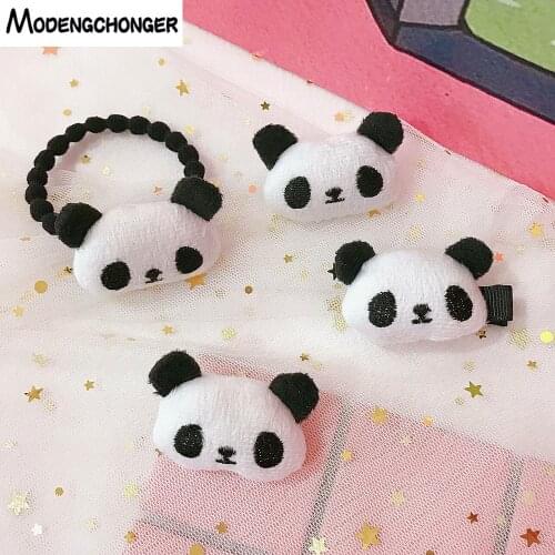 2PCS Cute Girls Soft HairTie Hair Pin Cartoon Panda Love Heart Elastic Hair Band Hairgrip Ponytail Holder Tie Hair Accessories
