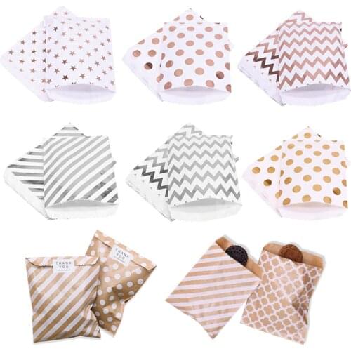 25pcs/lot Rose Gold Paper Bags Treat bags Candy Bag Chevron Polka Dot Bags Wedding Birthday Party Favors Supplies Gift Bags