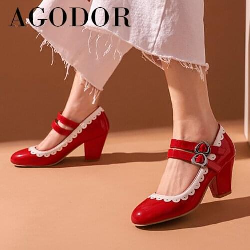 AGODOR 2021 Spring Mary Janes Shoes Women High Heels Block Heel Pumps Buckle Round Toe Female Dress Footwear Pink Plus Size 48