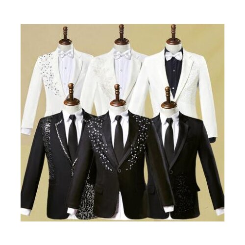 Blazer men groom suit set with pants mens wedding suits singer star style dance stage clothing Hand beading formal dress white