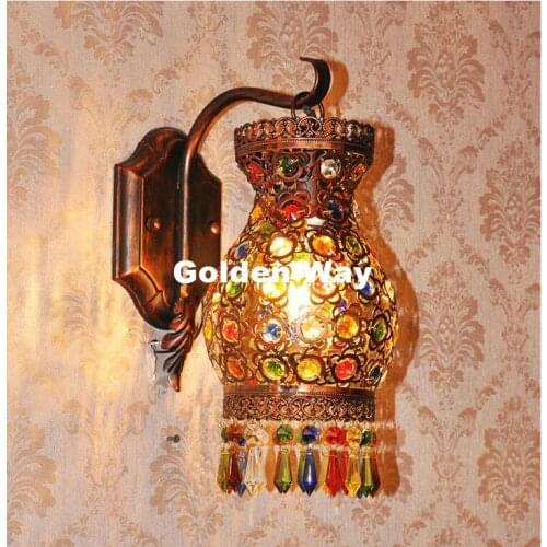 Bohemia D16cm Red Mixed Decoration Colorful Nordic Vintage Iron Crystal LED E27 Wall Lamp Bohemian Bedroom Wall Lamp AC 90~260v
