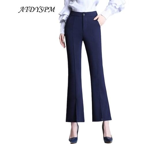 2021 New Korean Fashion Womens Flare Pants Office Lady Bell Bottom Black Split Suit Pants Female Casual Ankle Length Trousers