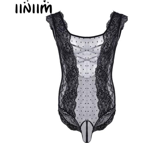 Black Sexy Gay Mens Bodystocking Crossdress Floral Lace Polka Dots See Through Mesh Sissy Pouch Bodysuit Male Lingerie Nightwear