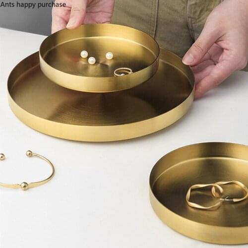 Stainless Steel Decorative Plate Round Shape Golden Metal Tray Jewelry Storage Tray Desktop Ornaments Dessert Plate Cake Stand