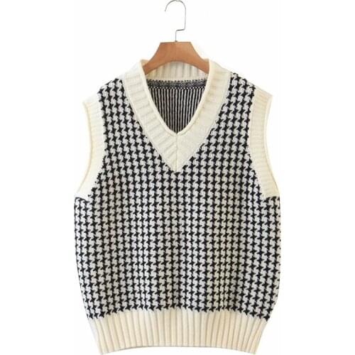 Evfer 2020 Women Casual Patchwork Houndstooth Za Knitted Vest Sweaters Autumn Chic Lady Sleeveless Preppy Style Pullover Tops