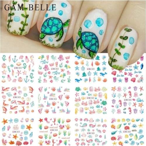GAM-BELLE 12Pcs Spring Water Nail Sticker Flower Leaf Tree Green Simple Summer Decals Slider Nail Art Decoration Manicure Tools