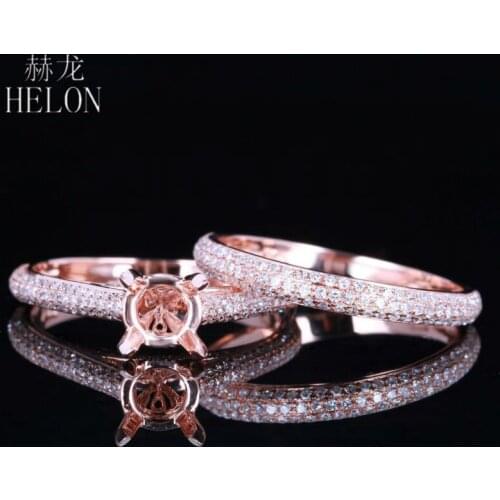 HELON 6-7mm Round Solid 14k Rose God AU585 Pave Natural Diamond Semi Mount Engagement Ring Wedding Diamonds Match Band Ring Sets