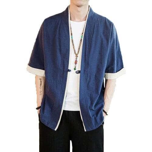 Chinese style Kungfu jacket summer men Cotton Linen Loose Kimono mens Short sleeve Cardigan Male Solid color outerwear open Coat