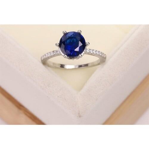 Best selling Europe and America S925 silver wedding ring six claw round zircon lady blue crystal jewelry lady gift