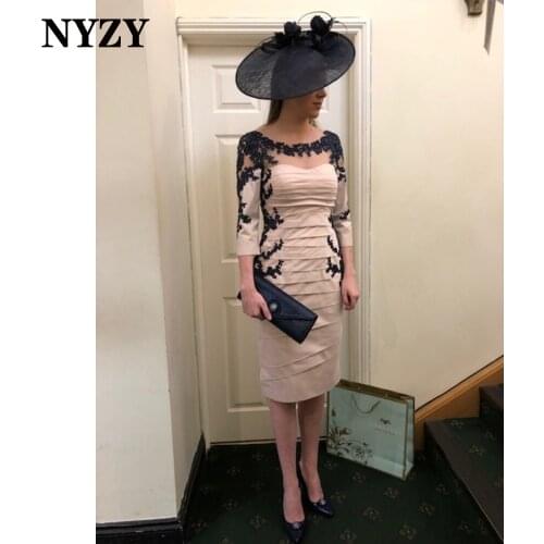 M368 NYZY Sheath Black Lace 3/4 Sleeves Champagne Mother of the Bride Groom Dresses 2021 Short Wedding Party Dress Robe Cocktail