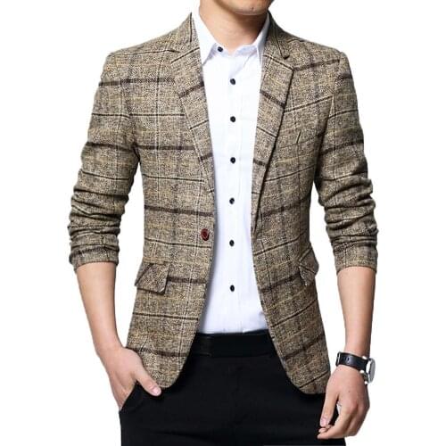 Fashion Men plaid casual blazer men Lapel Slim Blazer Jacket Coat One Button Business Suit casual jackets men