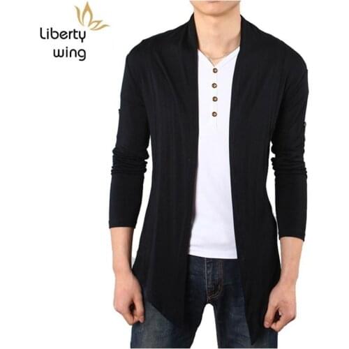 2020 New Summer Men Long Sleeve Cardigan T-Shirts Korean Fashion Black Harajuku Knitted T-Shirt Coat High Quality Male Clothes