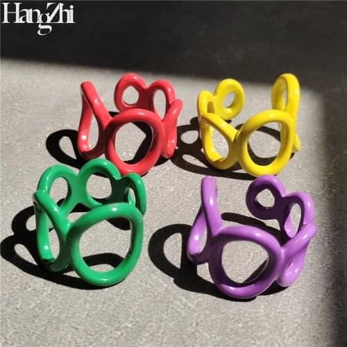 New 4pcs/Set Colorful Metal Geometric Irregular Paint Resin Hollow Round Chain Rings HANGZHI 2021 for Women Party Jewelry Gifts