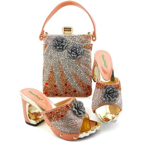 Peach Color Special Arrivals High Quality Pu Leather Italian Women Shoes and Bag Set African Mature Style Matching Shoes and Bag