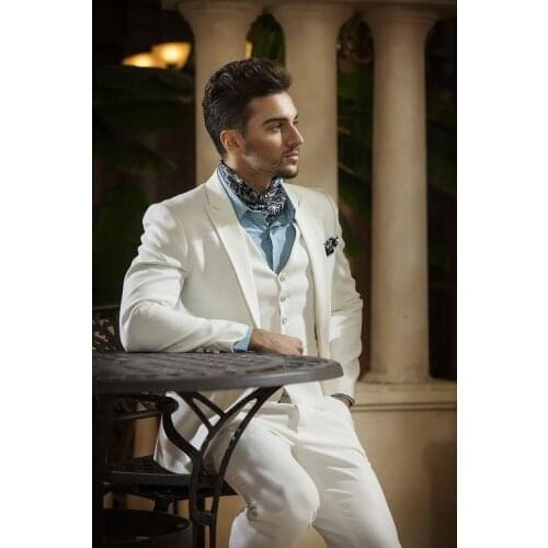 Slim Fit One Button Ivory Groom Tuxedos Peak Lapel Groomsmen Men Wedding Tuxedos Dinner Prom Suits (Jacket+Pants+Vest+Tie)