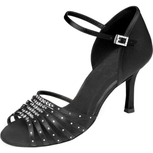 Professional Dance Shoes Woman Latin Salsa Dance Shoes Tan Rhinestone Latin Salsa Ballroom Shoes Black Satin Party Dance Shoes