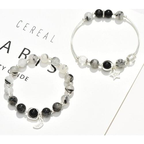 S925 sterling silver natural obsidian black hair gold bracelet female transit star and moon combination pendant couple bracelet