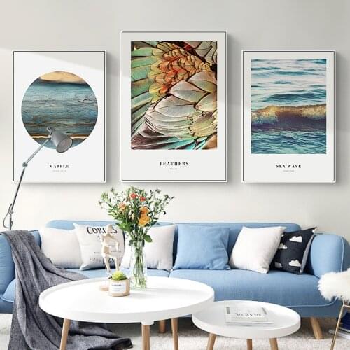 Nordic Poster And Print Wall Art Canvas Painting Sea Wave marble Wall Pictures For Living Room Feather Scandinavian Decoration