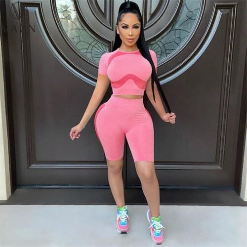 VAZN 2021 Hot Regular Sweet Pink Tracksuits Sexy Young Daily Short Sleeve Short Pants Slim Women 2 Piece Set Women Wear