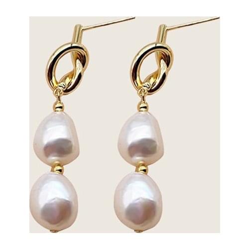 Vintage Copper Natural Freshwater Pearl Link Drop Earring Baroque Pearl Hanging Knotted Hollow Dangle Earrings Trendy Jewelry