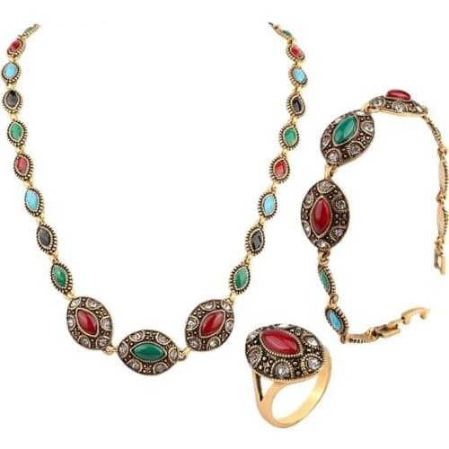 Vintage Turkish Jewelry Set Red Green Resin Stone Necklaces Bracelet Ring Pendants Bohemian Crystal Gold Color Bridesmaid Gift