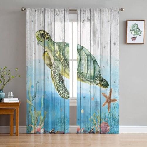 Ocean Turtle Coral Starfish Wood Grain Voile Tulle Sheer Curtains for Bedroom Living Room Kitchen Decor Chiffon Windows Curtain