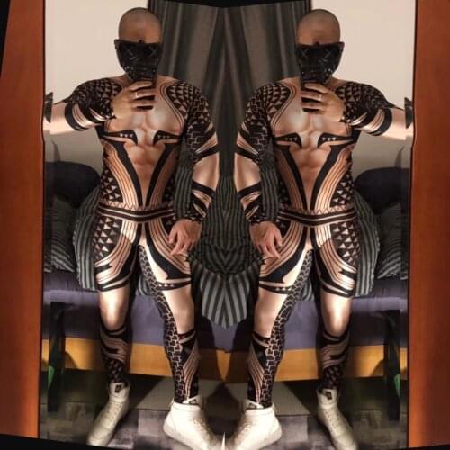 3D Printed Tattoo Leotard Stretch Jumpsuit European Bar Nightclub Male Singer Dance Teams Pole dancing Costume Skinny Tights