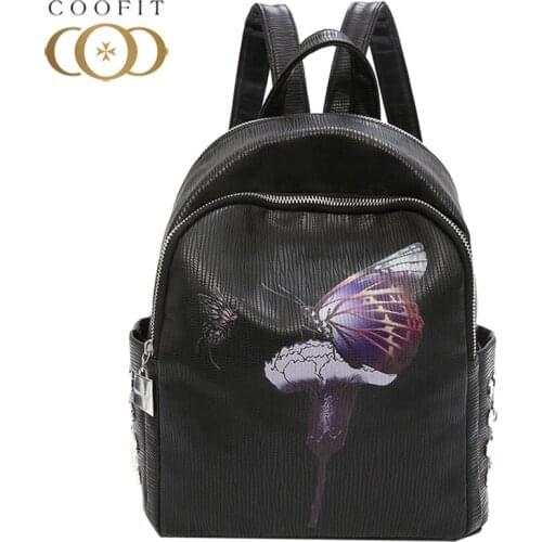 Coofit Painting Girls Backpack Chic Rivet Mini Backpack Women Butterfly Flowers Printed PU Bagpack Schoolbag With Earphone Hole