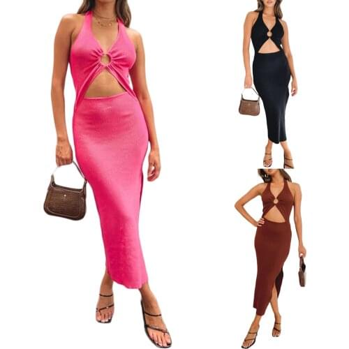 Women Summer Dress,Female Sleeveless Neck-Hanging Wrapped Hollow Out Slimming Summer Long Solid Color Midi vestidos