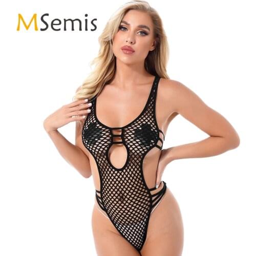 Womens Lingerie See-through Fishnet Bodysuit Hollow Out Plunging Neckline Strappy Leotard Cutout High Cut Sleeveless Bodysuit