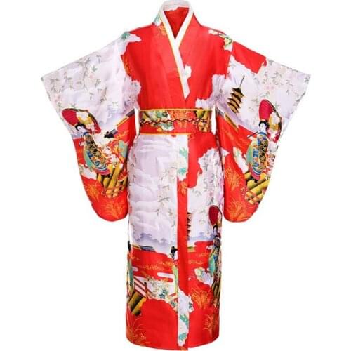 Red Woman Lady Japanese Tradition Yukata Kimono With Obi Flower Vintage Evening Dress Cosplay Costume One size ZW04