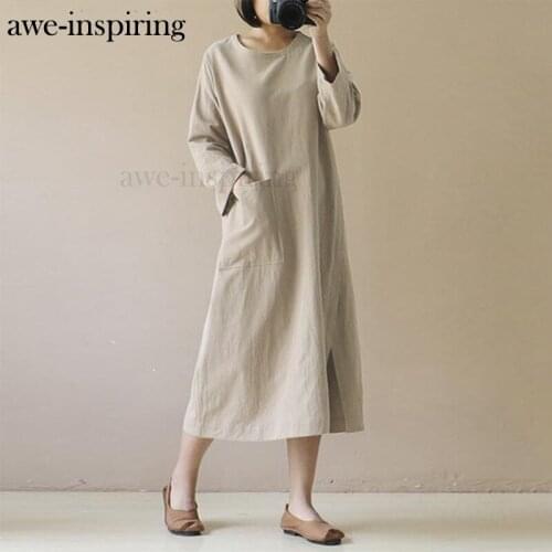 Women Long Sleeve Plus Size Cotton Dress Short Sleeve Vintage O Neck Maxi Dress