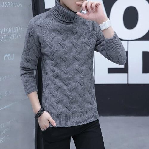 Winter Full Thick Sweater Pullover Men Simple Mens New Turtleneck Knitted Rough Flower Pullovers Preppy Style Grey Sweaters