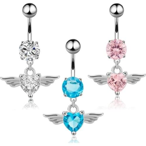 14G Heart Wing Shape Belly Button Ring Piercing Body Jewelry Nightclub Dance Brincos Steel Opals Navel Ring