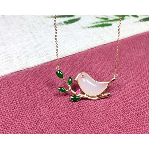 18K gold inlaid and white jade magpie clavicle chainJ55