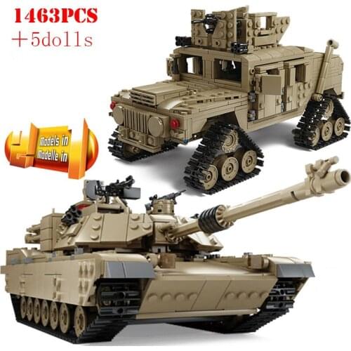 2 in 1 WW2 Military M1A2 Abrams MBT Army Tank Building Blocks Cannon Chariot Soldier Figures Technical Bricks DIY Toys Kids Gift