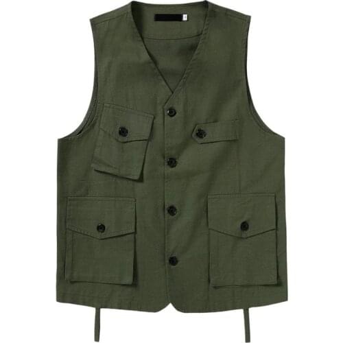 2021 Japan Amekaji Vest Men Casual Loose Sleeveless Vests Multi-Pocket V-neck Solid Vintage Cargo Jacket Tops Waistcoat S-XXL