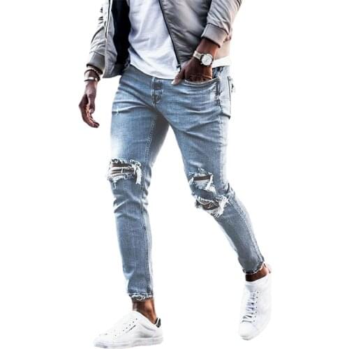 Jeans Men Hole Blue Jeans Autumn Casual Denim Pants Solid Color Slim Pencil Pants Boyfriend Jeans Trend Fashion Men Clothing