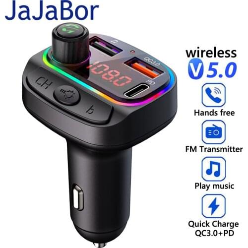 JaJaBor FM Transmitter USB QC3.0 Type C PD18W Fast Charging Car Charger Handsfree Bluetooth-compatible 5.0 Car Kit FM Modulator