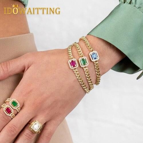 Gold Color Geometric CZ Square Cubic Zirconia Paved Cuban Link Chain For Women White Blue Green Red Colorful Bracelet Jewelry