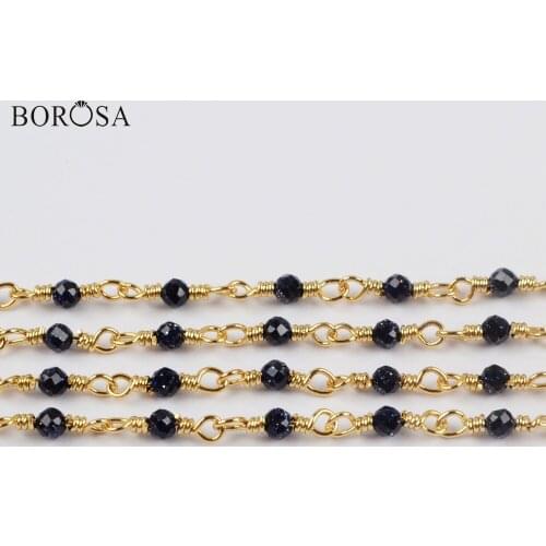 BOROSA 3Meters 2mm Blue Sand Stone Beads Faceted Brass Chains Beaded Chains Jewelry Accessories JT249