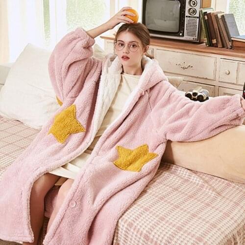 Robes Women Kawaii Hooded Warm Sweet Pink Females Flannel Thick High Quality Night gown Casual Soft Korean Style Star Sleepwear