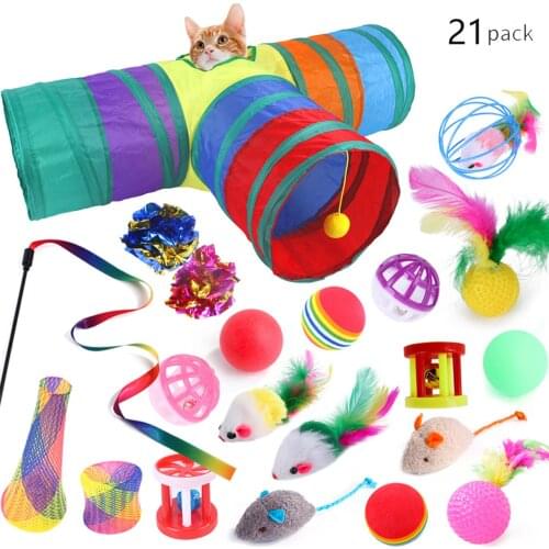 21-Piece Cat Toys Rainbow Tunnel Feather Kitten Toys Crinkle Kitten Toys Puppy Tubes Balls Collapsible Ferrets Rabbit Play Dog