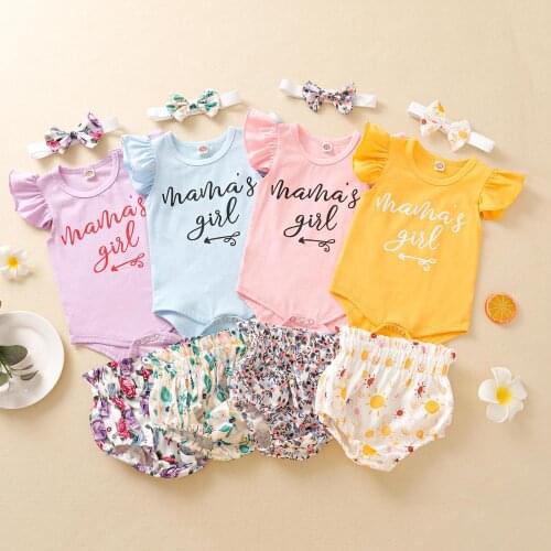 Citgeett Summer Newborn Baby Girls 3-piece Outfit Set Fly Sleeve Letter Print Romper+Shorts+Headband Casual Set
