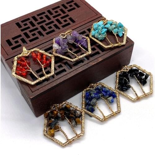 Natural Stone Pendant Amethyst Turquoise Lapis Hexagonal Tree of Life Copper Frame Jewelry Making Necklace Bracelet Accessories